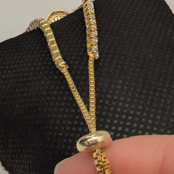 Lariat Bracelet 925 CZ Clear Rhinestones Gold Tone Bolo Tennis Style Minimalist - Picture 8 of 12